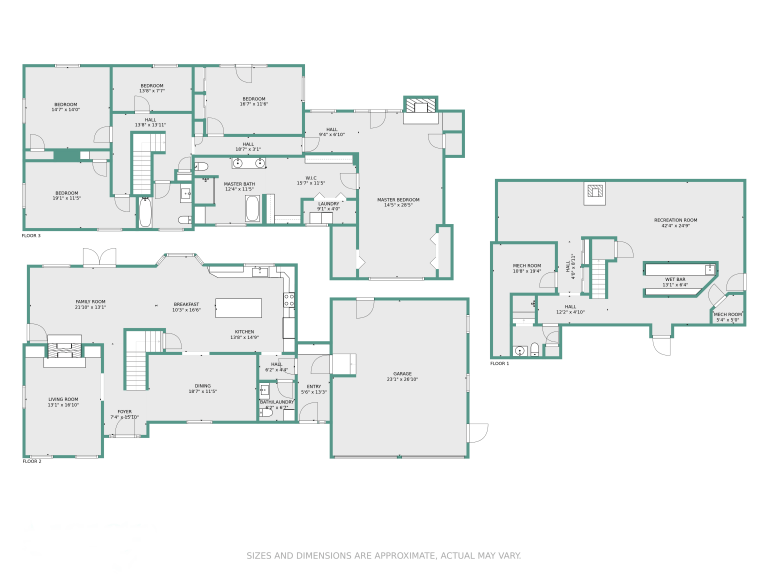 Floor plan of a multi-floor apartment with dimensions, wall color and theme color.