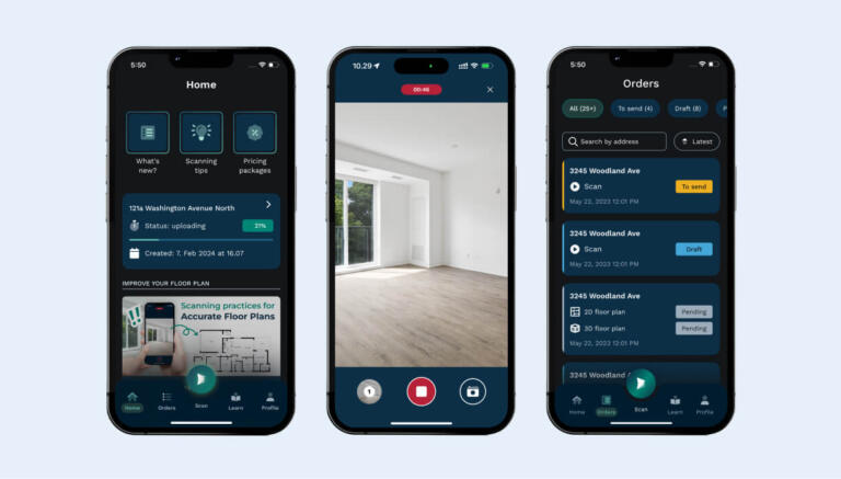 CubiCasa mobile app, 3 screens showing the home page, scanning page and orders page